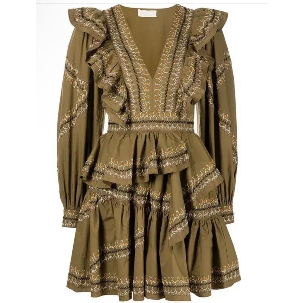 Ulla‎ Johnson Handmade Anais Embroidered Ruffled Dress Green Size 2
